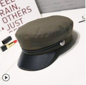 Fashion Unisex PU Leather Military Hat Autumn Sailor Hats For Women Men Black Grey flat top captain Cap travel cadet hat