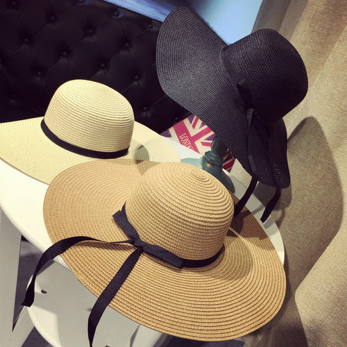 Summer Wide Brim Straw Hats Big Sun Hats For Women  UV Protection Panama  floppy  Beach Hats Ladies bow  hat chapeau femme ete